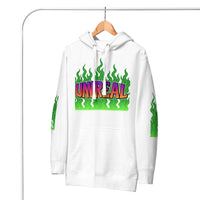 White hoodie with ’UNREAL’ graphic.