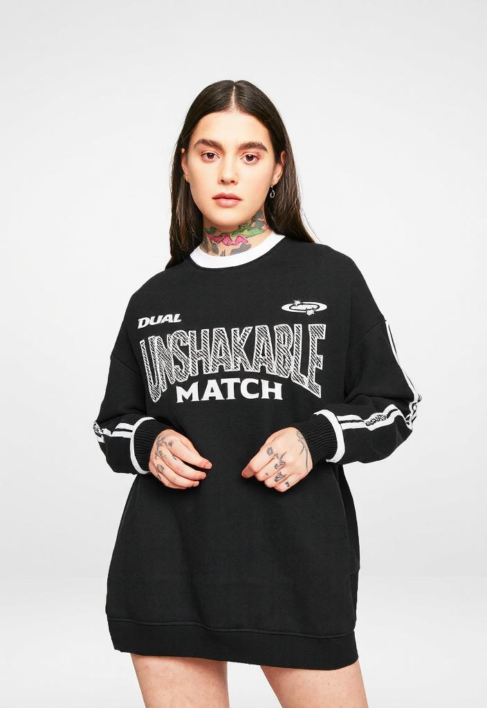 Black sweatshirt dress with white accents from Unshakable Match Streetwear Long Sleeve