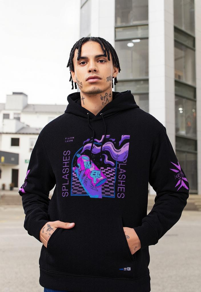 Black hoodie with colorful graphic.