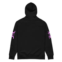 Black hoodie with pink sleeve designs.