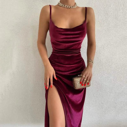 Velvet Midi Dress With Sleeves - Women’s Dresses