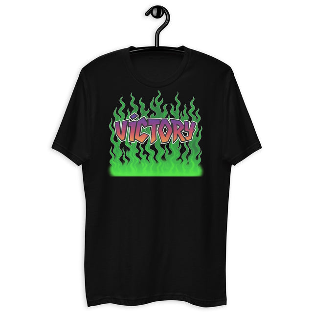 Black t-shirt with ’Victory’ graphic.