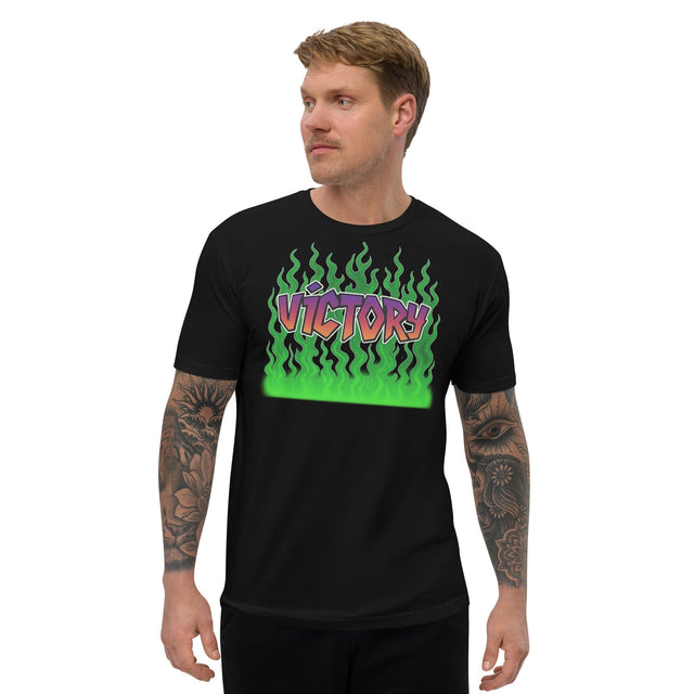 Black t-shirt with ’Victory’ graphic.