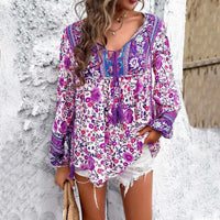 Boho Cotton Rayon Floral Printed Blouse,Vintage Long Sleeve V Neck Spring Summer Blouse