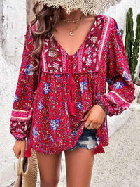 Boho Cotton Rayon Floral Printed Blouse,Vintage Long Sleeve V Neck Spring Summer Blouse