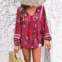 Boho Cotton Rayon Floral Printed Blouse,Vintage Long Sleeve V Neck Spring Summer Blouse