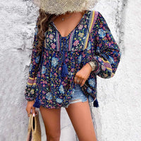 Boho Cotton Rayon Floral Printed Blouse,Vintage Long Sleeve V Neck Spring Summer Blouse