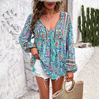 Boho Cotton Rayon Floral Printed Blouse,Vintage Long Sleeve V Neck Spring Summer Blouse