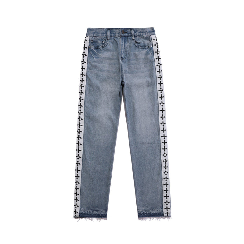 Vintage Wash Streetwear Jeans with Gothic Side Tape