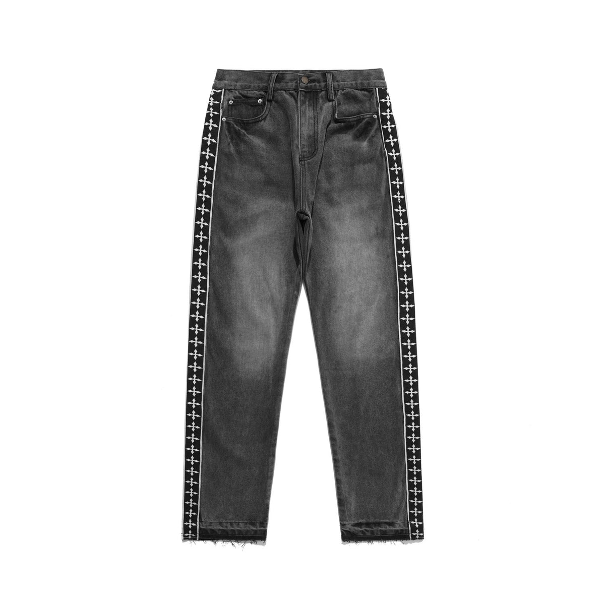 Gray Vintage Wash Streetwear Jeans with Gothic Cross-Patterned Side Stripes