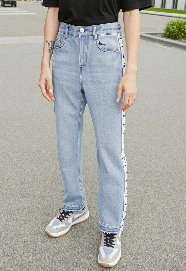 Light blue Vintage Wash Streetwear Jeans with Gothic Side Tape and stylish side stripe
