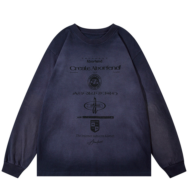 Vintage Washed Graphic Streetwear Long Sleeve - Blue / M