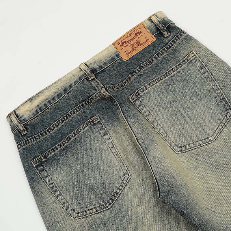 Vintage Washed Straight Leg Jeans - Faded Blue