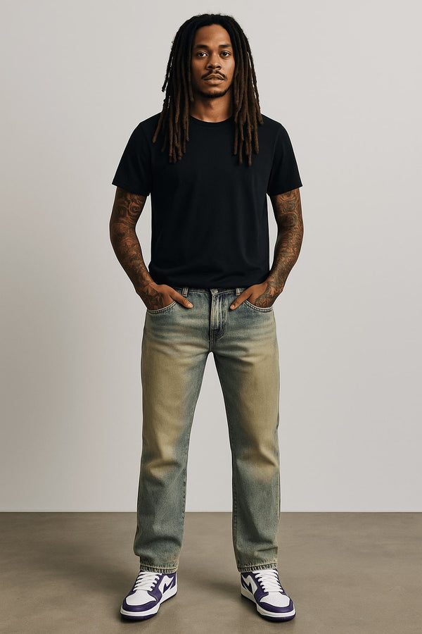 vintage washed straight-leg jeans faded-blue