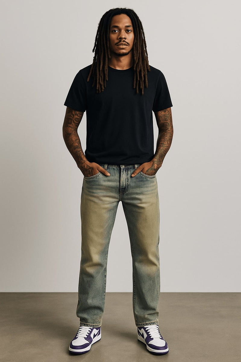 Vintage Washed Straight Leg Jeans - Faded Blue