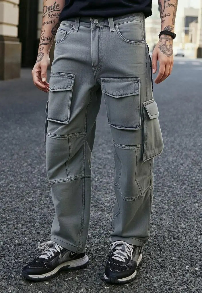 Gray cargo pants showcased in Washed Blue Cargo Jeans