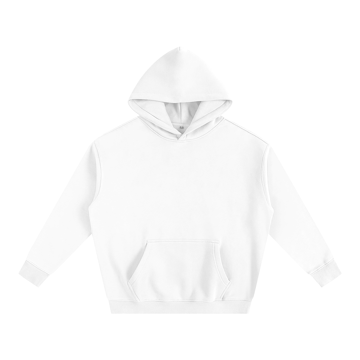 White oversized fleeced hoodie with adjustable drawstring hood, kangaroo pocket, and minimalist logo – streetwear comfort in front view.