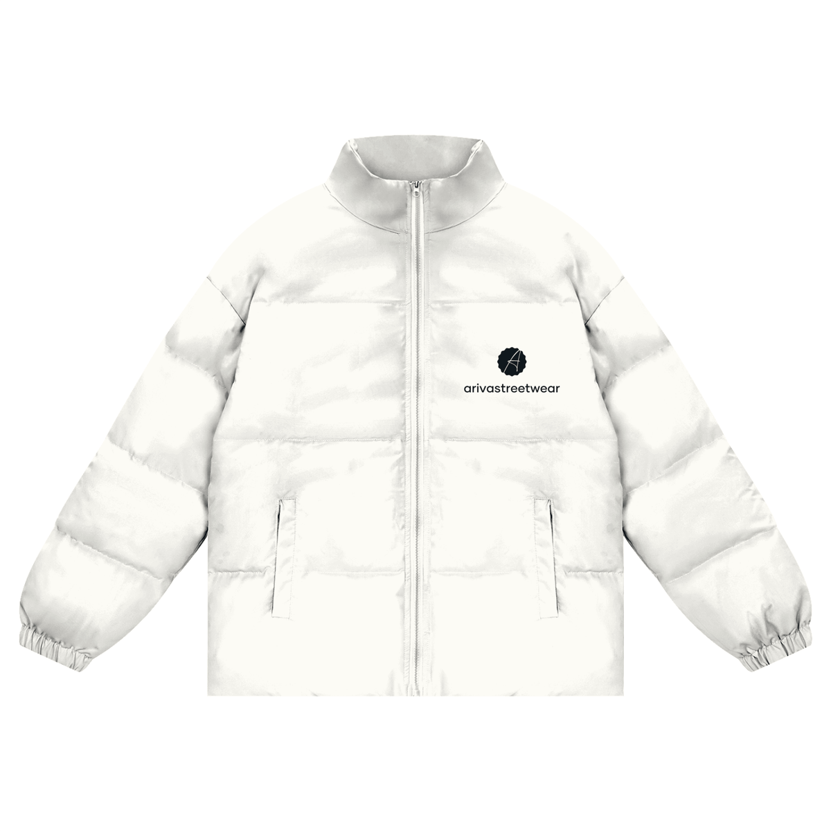 White unisex zipper puffer coat with minimalist white logo, high collar, elastic cuffs, and side pockets.