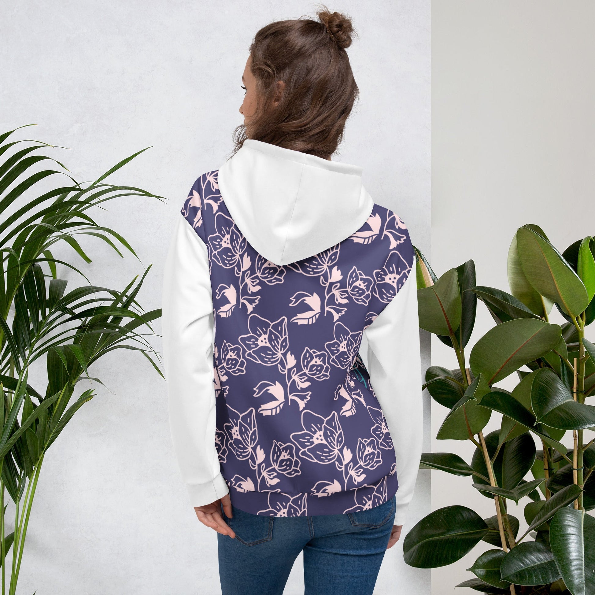 Women’s Lightweight Floral Print Hoodie with white sleeves and vibrant floral pattern