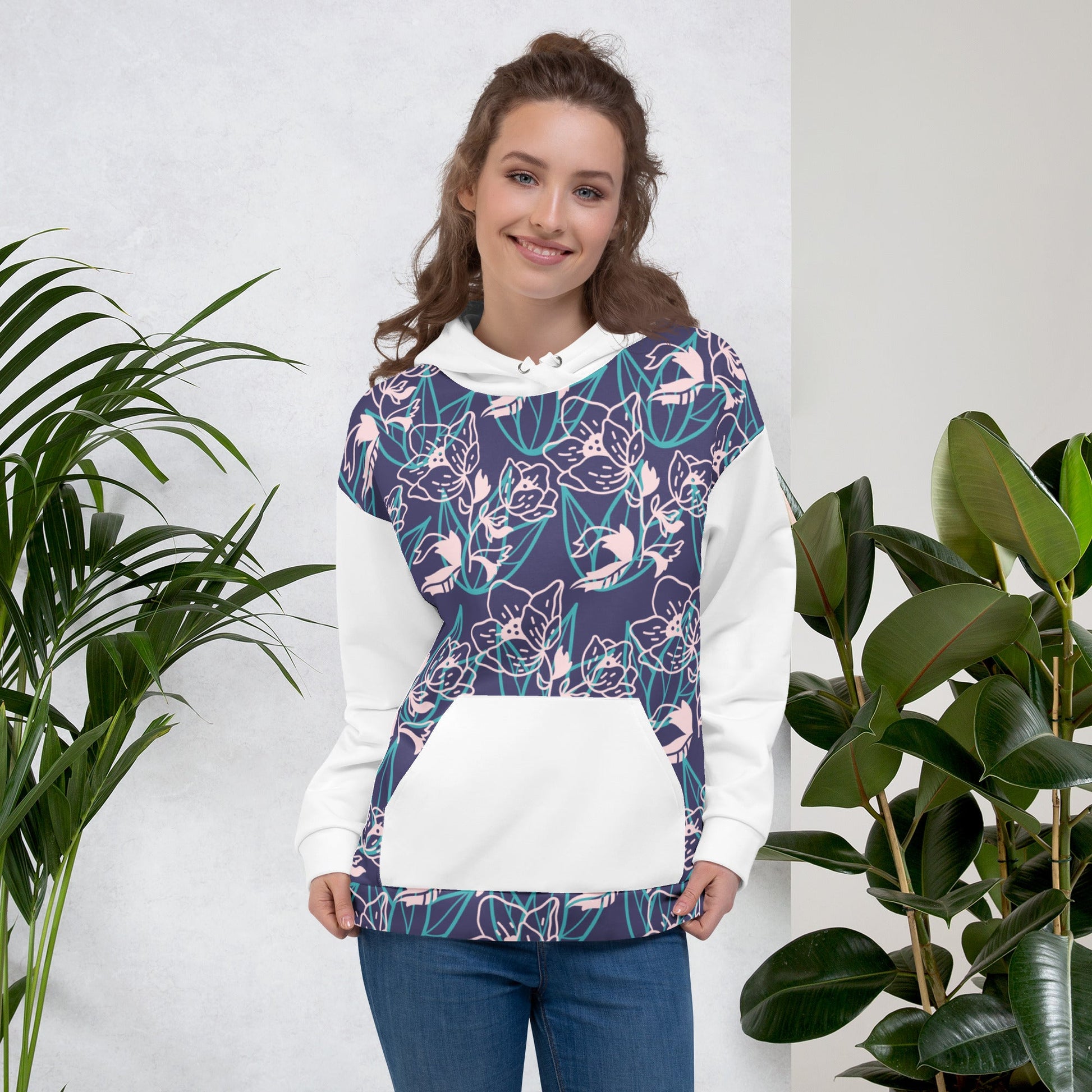 Women’s Lightweight Floral Print Hoodie featuring a vibrant floral pattern design