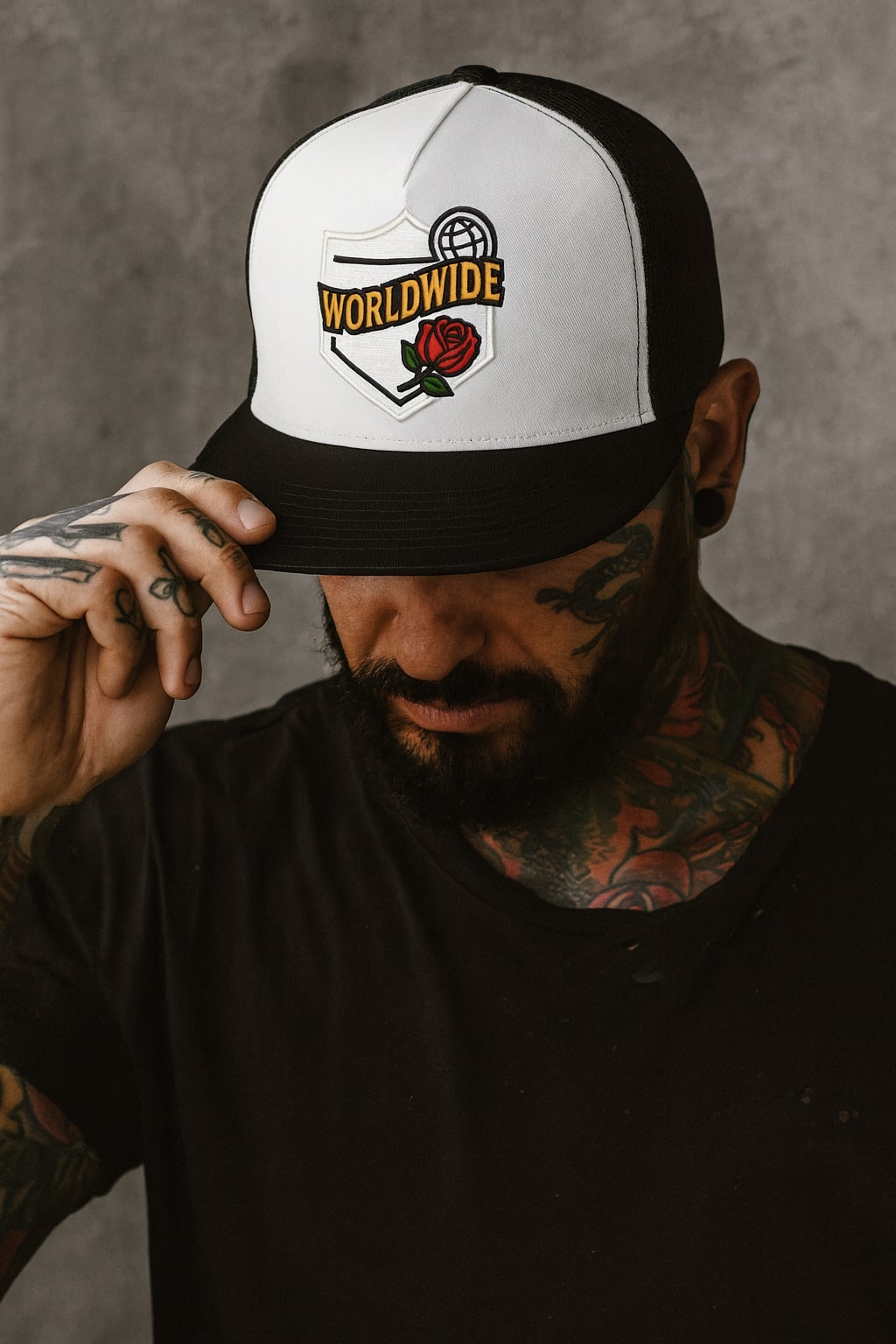 Worldwide Rose Trucker Mesh Hat - BLACK