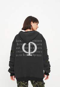 Black Oversized Streetwear Hoodie with Cyrillic text and Phi symbol design