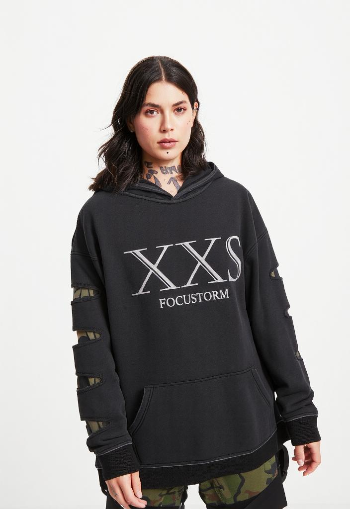 Black oversized streetwear hoodie with stylish sleeve cutouts in XXS size