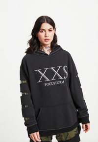 Black oversized streetwear hoodie with stylish sleeve cutouts in XXS size