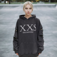 Distressed gray oversized streetwear hoodie for XXS sizes displayed on a model