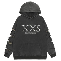 Distressed gray oversized hoodie with sleeve cutouts from XXS Streetwear collection