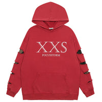 Red oversized streetwear hoodie with ripped sleeves for a trendy look