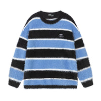Y2K Fuzzy Striped Sweater - Black Blue Stripes / M